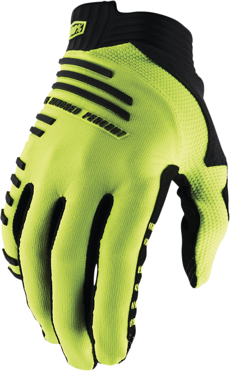 Bill's Exhausts 100% R-Core Gloves in fluorescent yellow, large size, showing textured glove material and vibrant color.