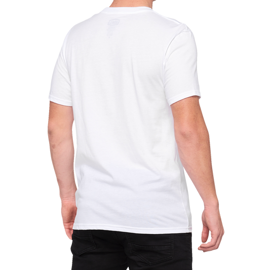 White 100% Icon T-Shirt by Bill's Exhausts, large size, shown flat with logo design in front view.