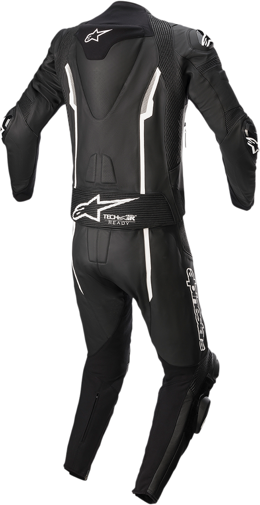 Black, white, and gray leather Alpinestars Missile v2 2-piece motorcycle suit with protective armor, displayed on a neutral background.