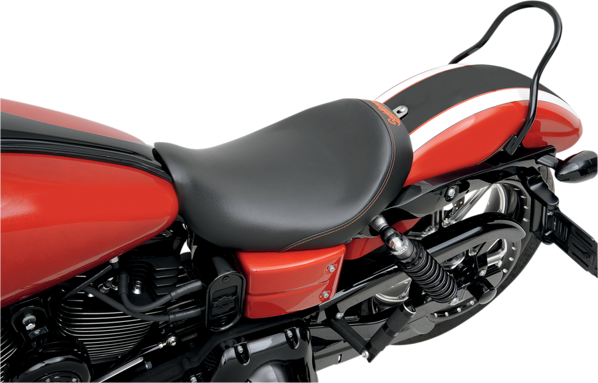 Bill's Exhausts Solo Seat for Dyna motorcycles, black leather seat with sleek design and cushioned comfort.