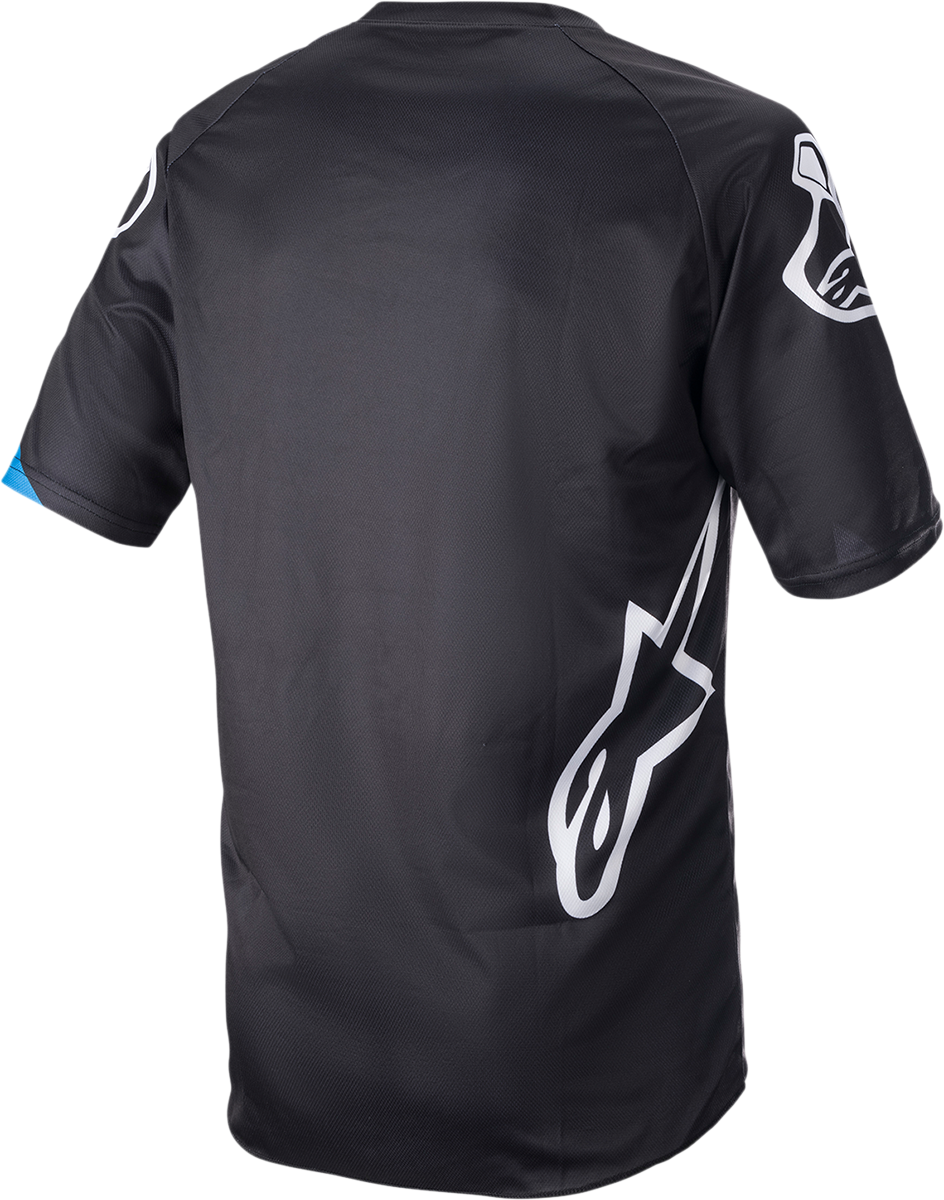 Alpinestars Racer V3 short-sleeve motorcycle jersey in black and bright blue, large size, featuring breathable fabric and sporty design.