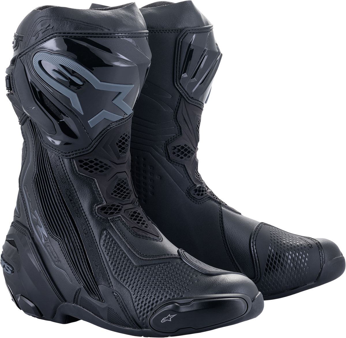 Alpinestars Supertech R motorcycle boots in black with protective features and sleek design, US size 12.5 / EU 48.