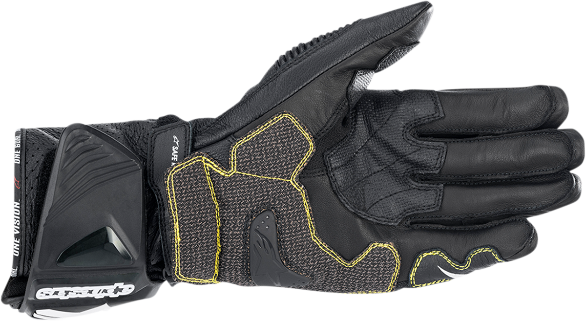 Alpinestars GP Tech V2 S motorcycle gloves in black and white, size large, with reinforced knuckles and breathable design.