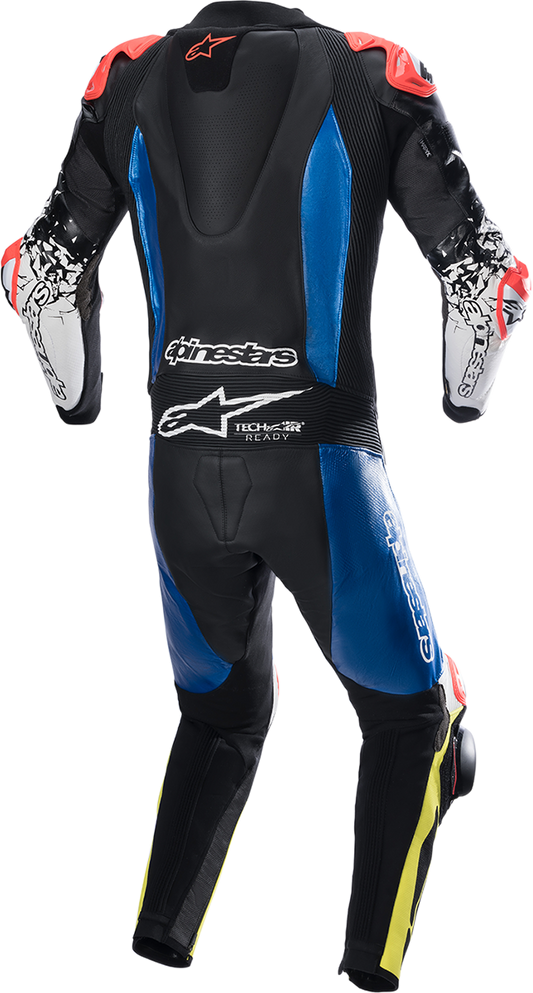 Alpinestars GP Tech v4 leather motorcycle suit in black, blue, and yellow fluo, US 42 / EU 52, featuring protective armor and sleek design.