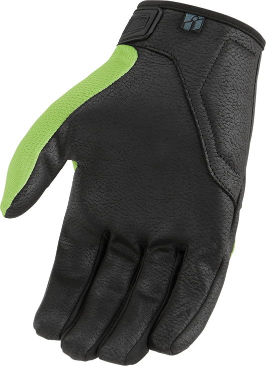 ICON Hooligan CE Gloves in large green, featuring protective padding and durable design for motorcycle riding safety.