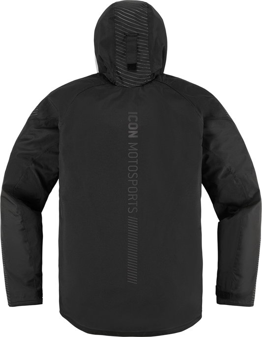 Black ICON Women’s PDX3™ waterproof motorcycle jacket with armor, shown in size XS, featuring a sleek, protective design.