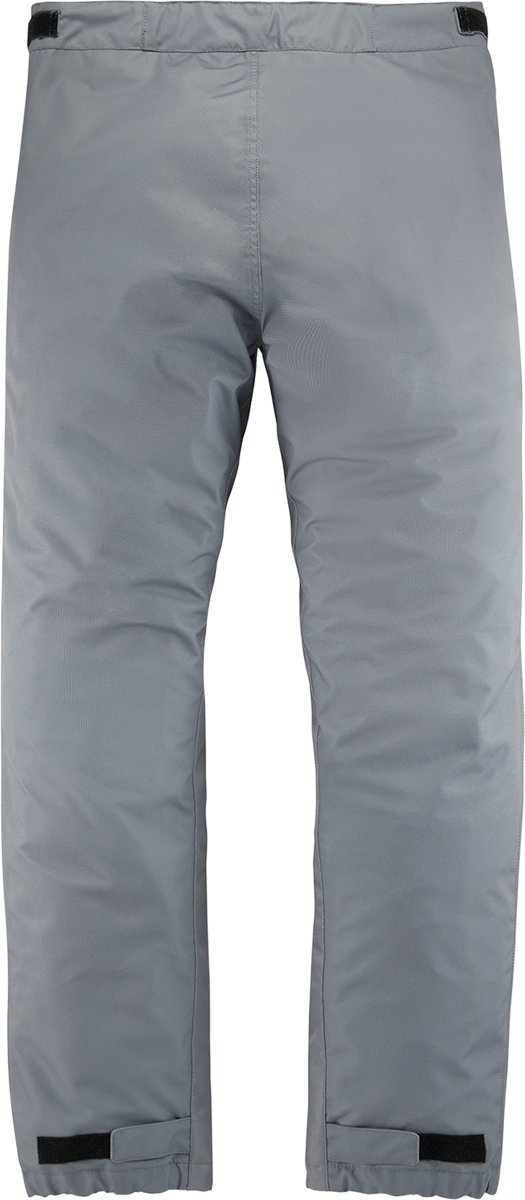 Gray ICON PDX3 Overpant in XS showing durable waterproof fabric and reinforced knee panels for motorcycle riding protection.