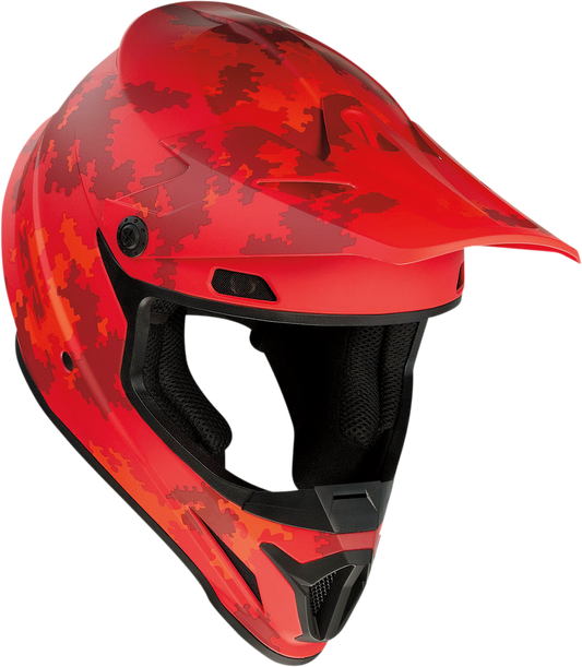 Z1R Rise helmet in digi camo red with open flow mouth guard, injection-molded polycarbonate shell, size XL