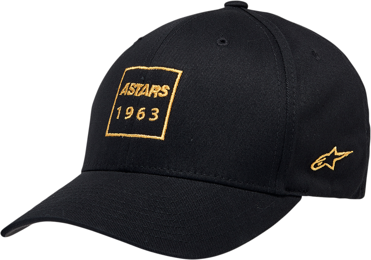 Alpinestars black cotton blend boxed hat with embroidery, small/medium size, stylish cap for casual wear.