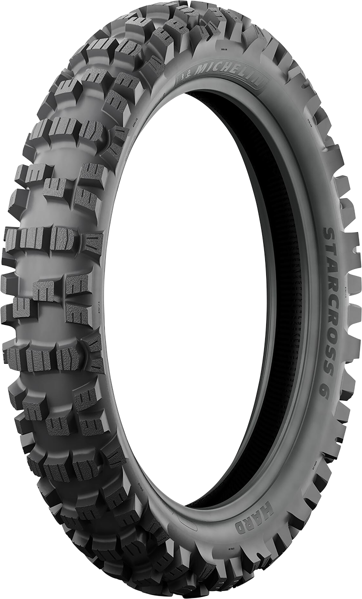 Michelin StarCross 6 Medium Hard front off-road motorcycle tire, size 90/100-21, with tread pattern suitable for rugged terrain.