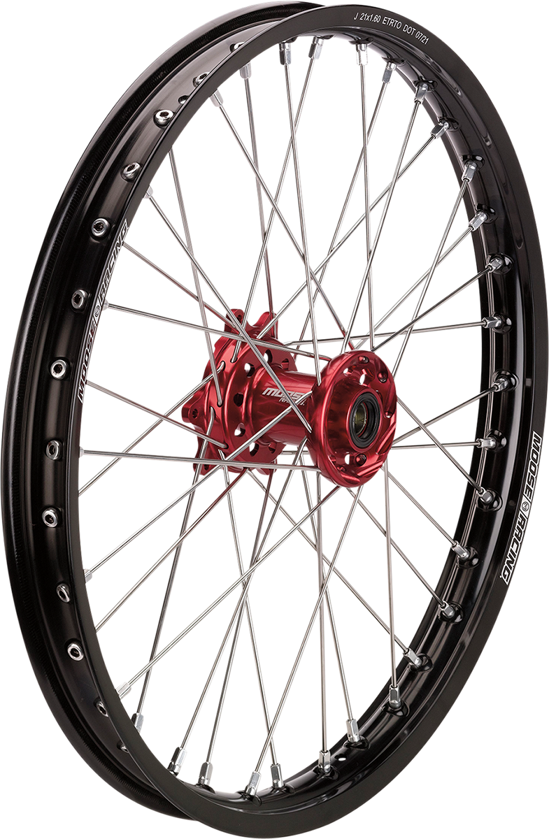 Moose Offroad SX-1 front wheel assembly for Honda CR/CRF, 21x1.6 inches black wheel with red hub, part HF-16021-BKRD.