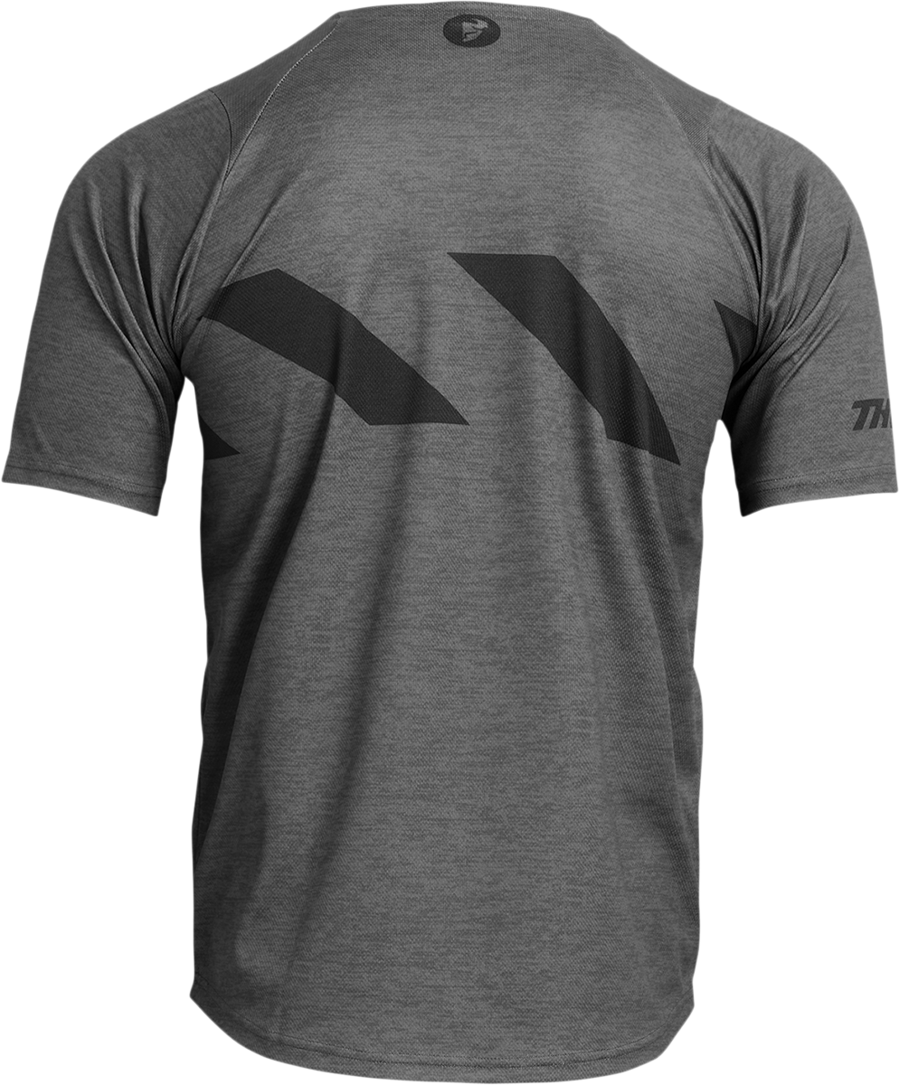 THOR Assist Hazard short-sleeve MTB jersey in charcoal and Heather, large size, with hazard graphic and breathable fabric.