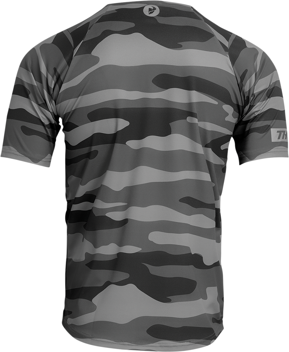 Dark gray camo THOR Assist short-sleeve jersey in XL, featuring breathable fabric and athletic fit for motocross riding.