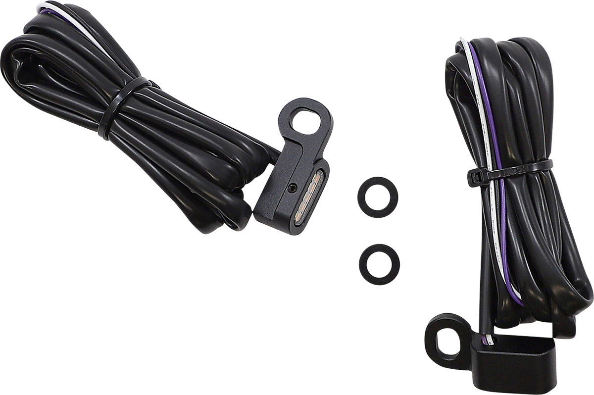 DRAG SPECIALTIES white and amber marker lights with black finish, motorcycle lighting part L22-0229DMBE, showing close-up of lights