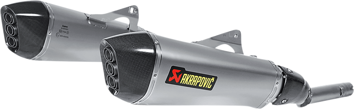 AKRAPOVIC slip-on titanium muffler for BMW touring motorcycle, showcasing sleek exhaust design and brand logo.