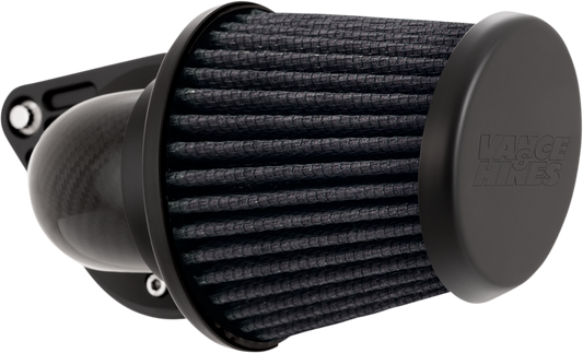 Vance & Hines VO2 Falcon air intake kit with woven carbon fiber, showcasing sleek design and high-performance motorcycle parts.