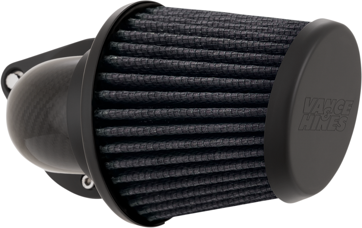 Vance & Hines VO2 Falcon air intake kit with woven carbon fiber finish for motorcycle engine performance.