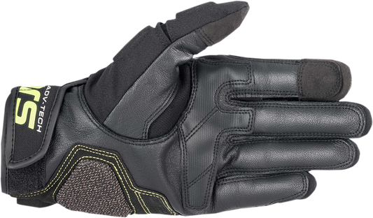 Alpinestars Halo motorcycle gloves in forest black and fluo yellow with durable off-road design, shown with textured leather and protective details.