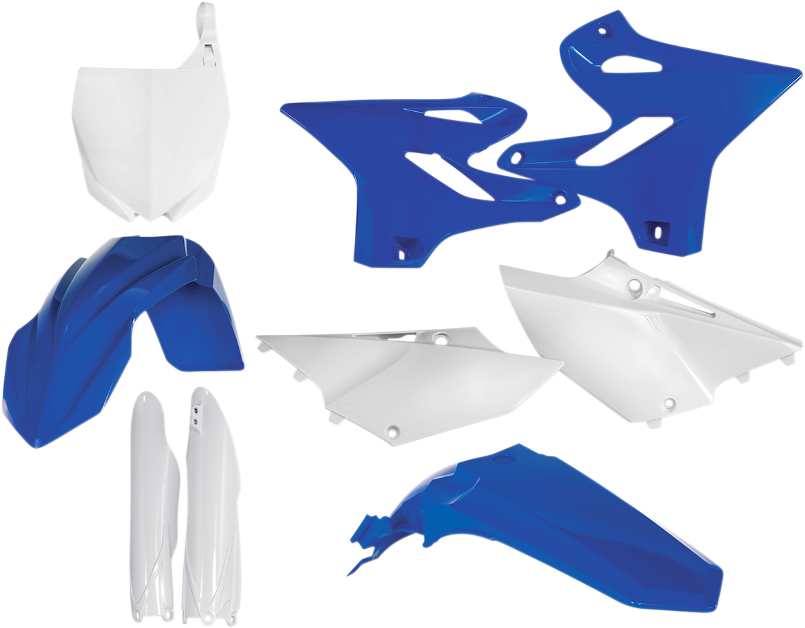 Acerbis full replacement motorcycle body kit in OEM blue and white, designed for a sleek, custom look.