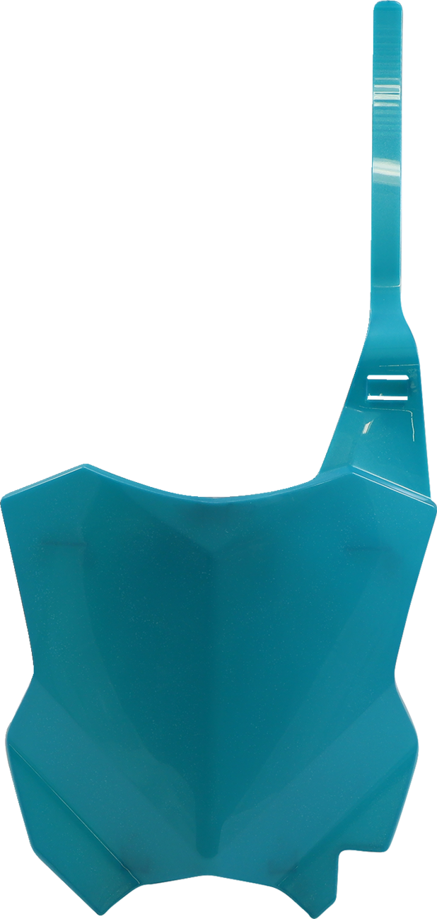 A teal Acerbis front number plate mounted on a motorcycle body, showcasing the sleek design and vibrant color.