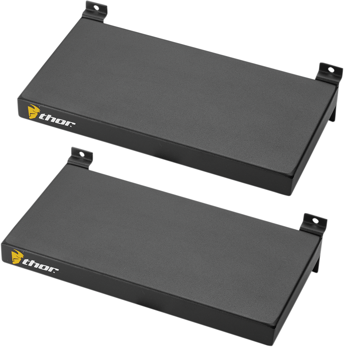 Pair of THOR display shelves for boots, featuring sleek black design and sturdy construction for organized footwear storage.