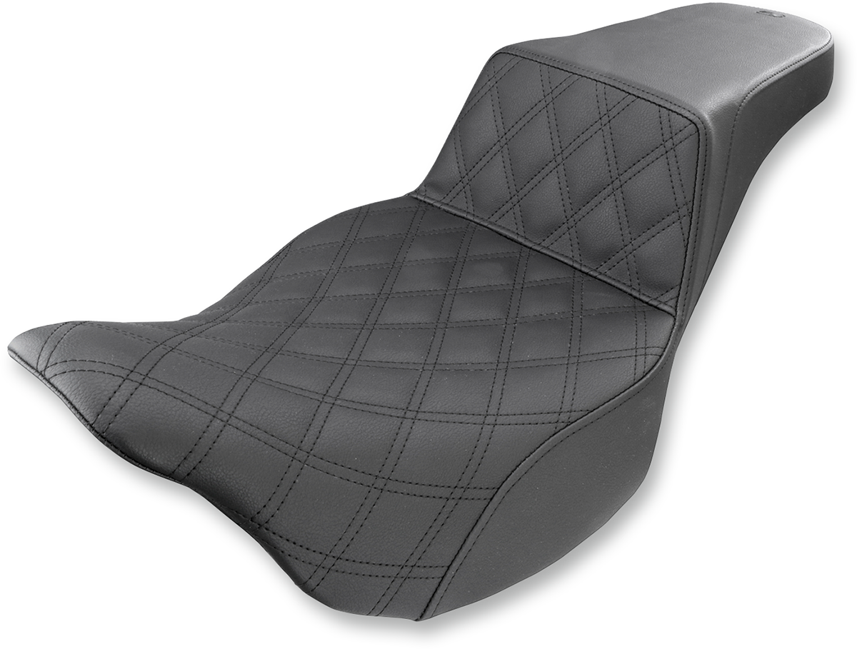 Black SADDLEMEN Step-Up Seat with front lattice stitch for FL models 2008-2023, designed by Bill's Exhausts.