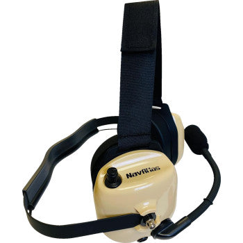 Bill's Exhausts NAVATLAS behind-the-head stereo and VOX headset in beige, showing the comfortable ear cups and adjustable headband.