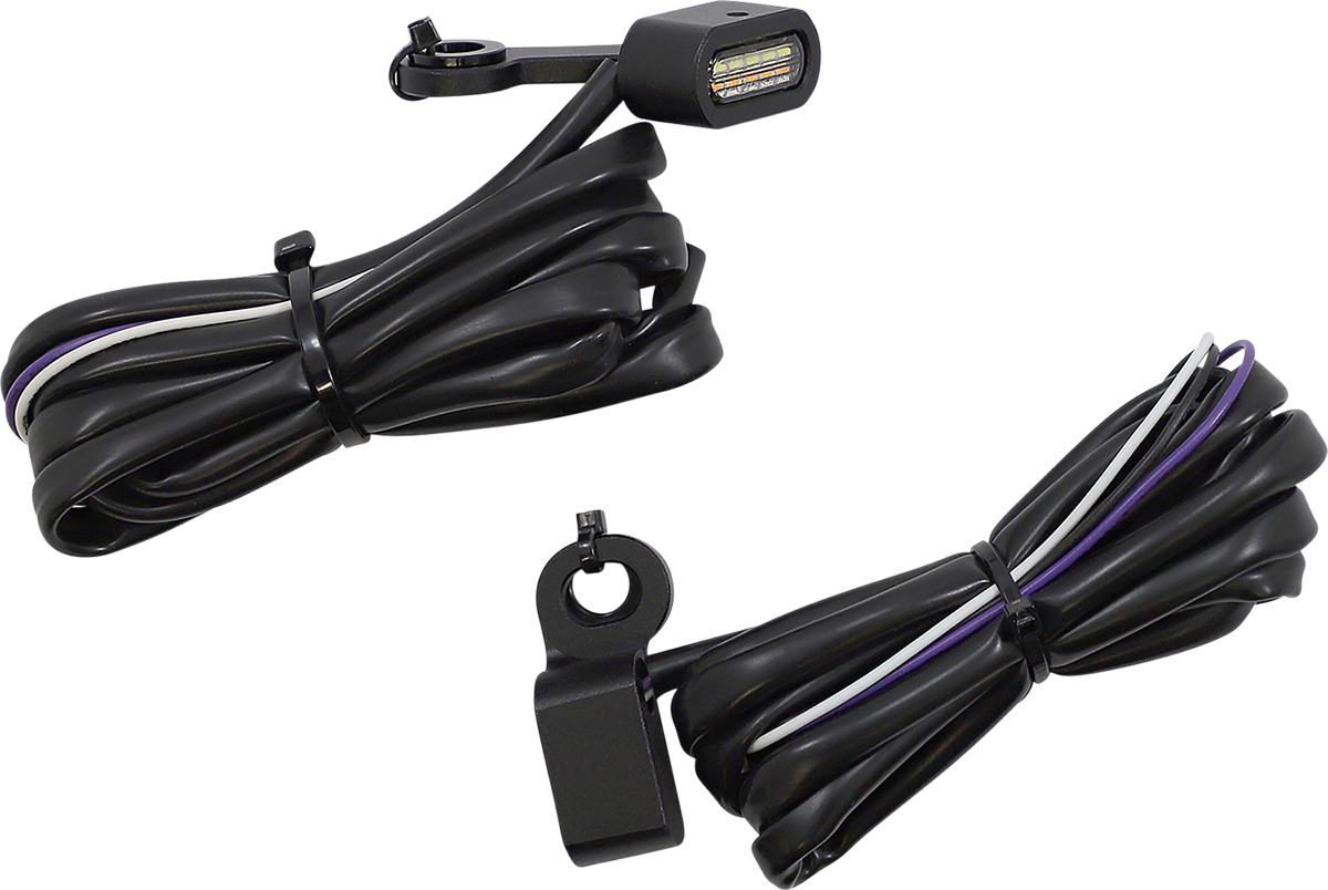 DRAG SPECIALTIES motorcycle marker lights with white daytime running lights and amber turn signals, shown on a motorcycle.