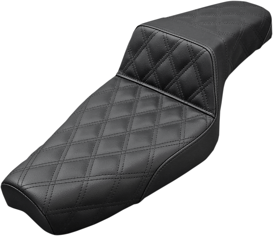 Black SADDLEMEN Step-Up Seat with full lattice stitch design, XL size, designed for motorcycles.