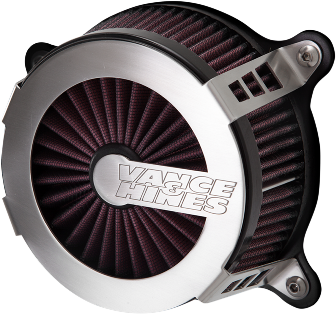 VANCE & HINES VO2 Cage Fighter air intake kit in brushed finish with metal components and branding details.