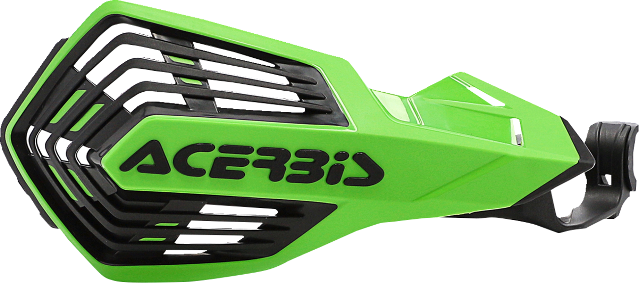 Acerbis K-Future handguards in green and black mounted on motorcycle handlebars, providing protection and style.