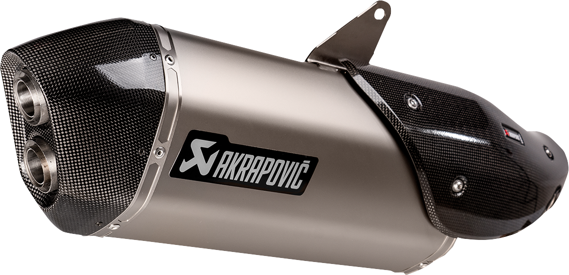 AKRAPOVIC slip-on titanium muffler for Harley-Davidson Pan America 1250 Special motorcycle, featuring sleek metallic finish.