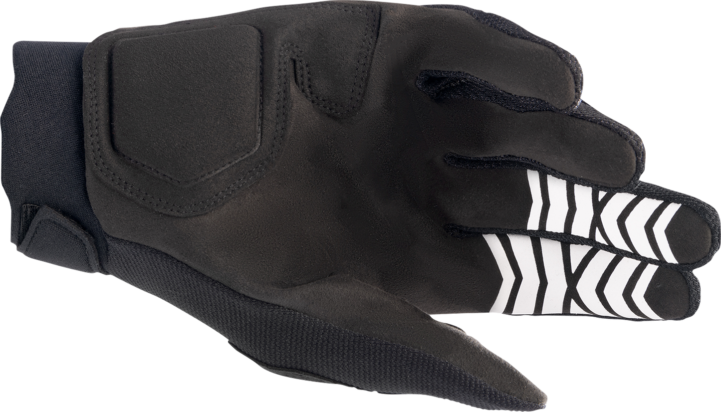 Alpinestars Full Bore XT motorcycle gloves in large black, red, and blue with protective knuckles and adjustable wrist straps.