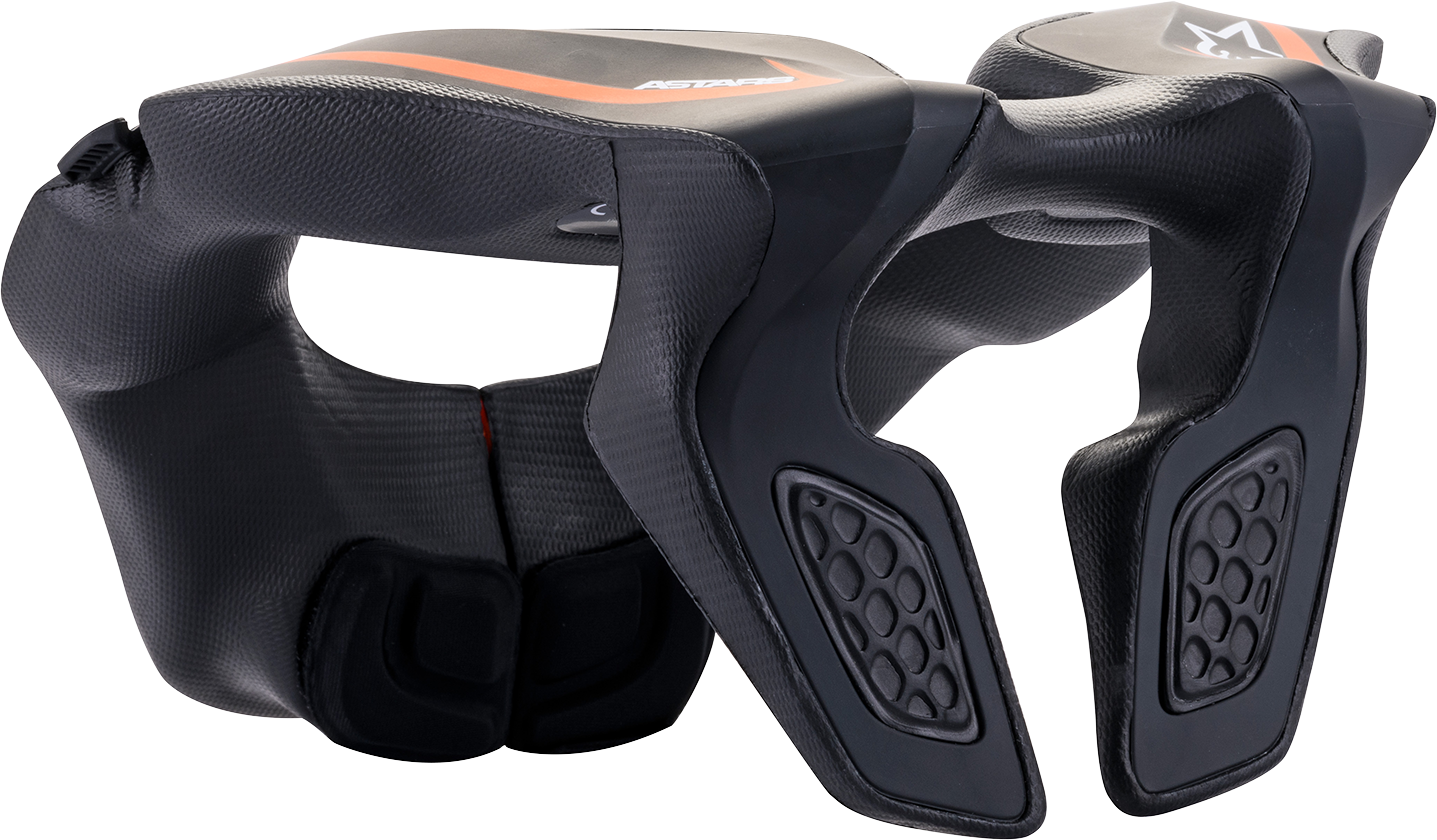 Alpinestars youth neck support for kids ages 8-14, black and orange, showing the protective padded neck brace design.