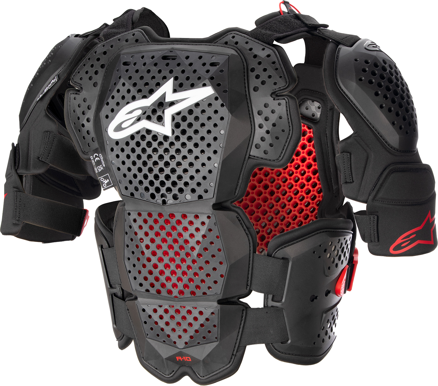 Alpinestars A-10 v2 full roost guard in black and red, size XL/2XL, showing the protective chest and shoulder padding.