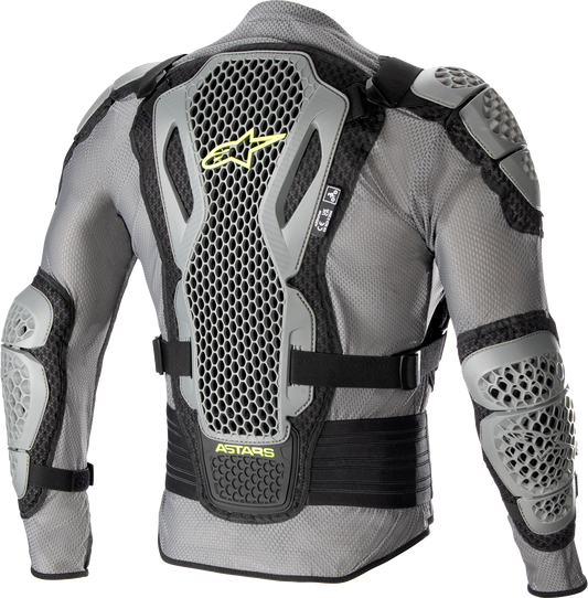 Alpinestars Bionic Action v2 protective jacket in gray, black, and yellow, size 2XL, with adjustable straps and protective padding.