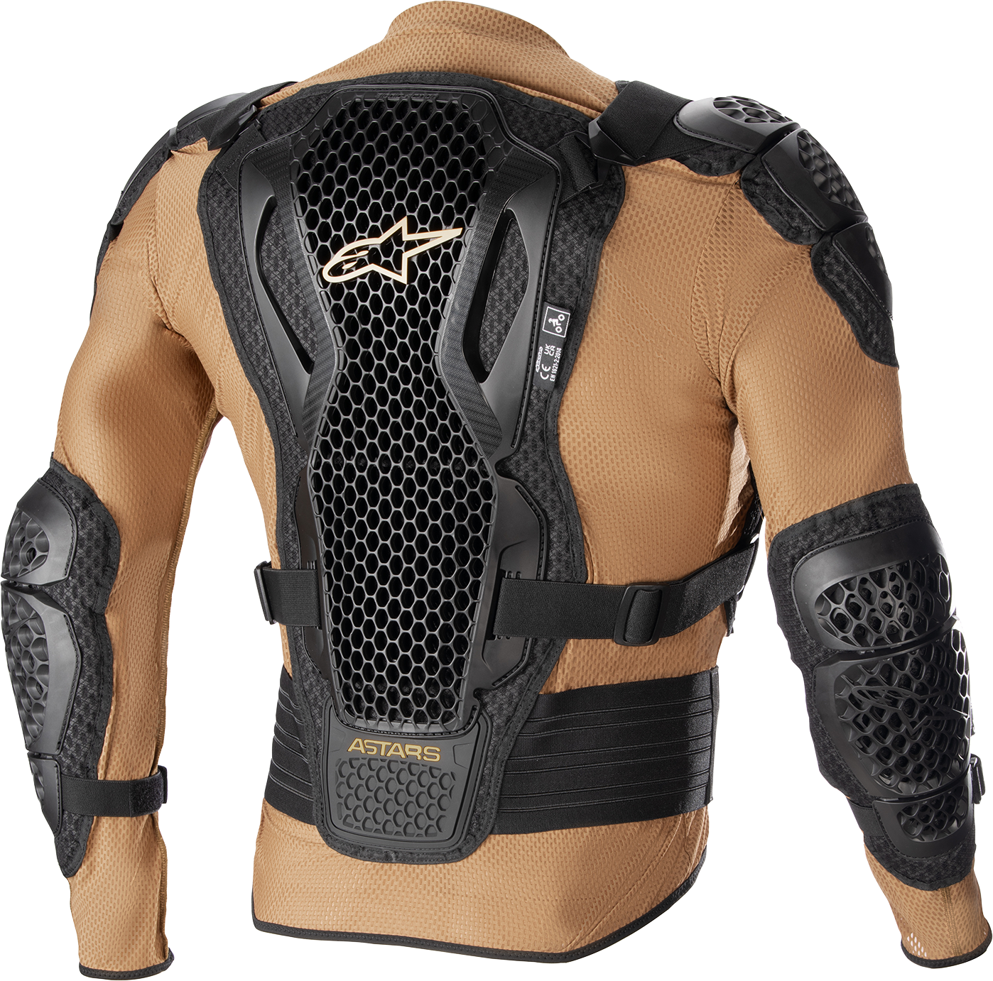 Alpinestars Bionic Action v2 protection jacket in camel and black, large size, with armored panels and adjustable straps.