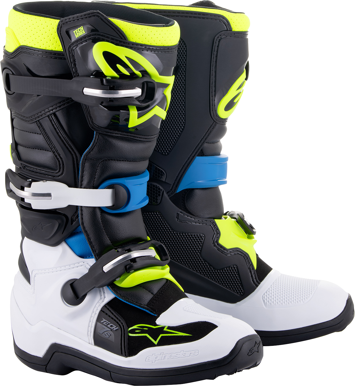 Alpinestars Youth Tech 7S motorcycle boots in black, blue, and yellow with size US 5, side view showing protective design features.