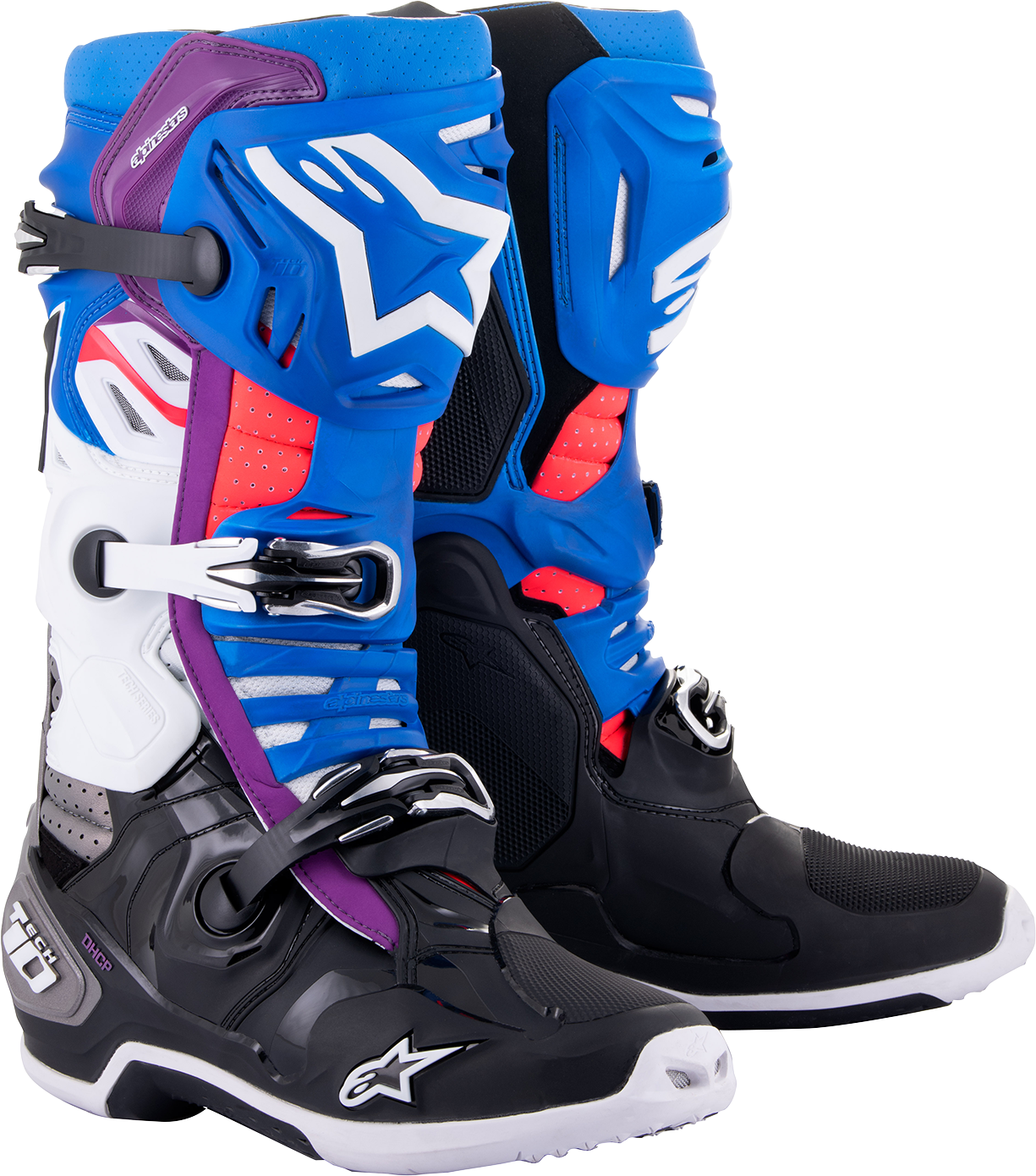 Alpinestars Tech 10 Supervented motorcycle boots in blue, black, and white with protective features and US size 7 / EU 40.5.