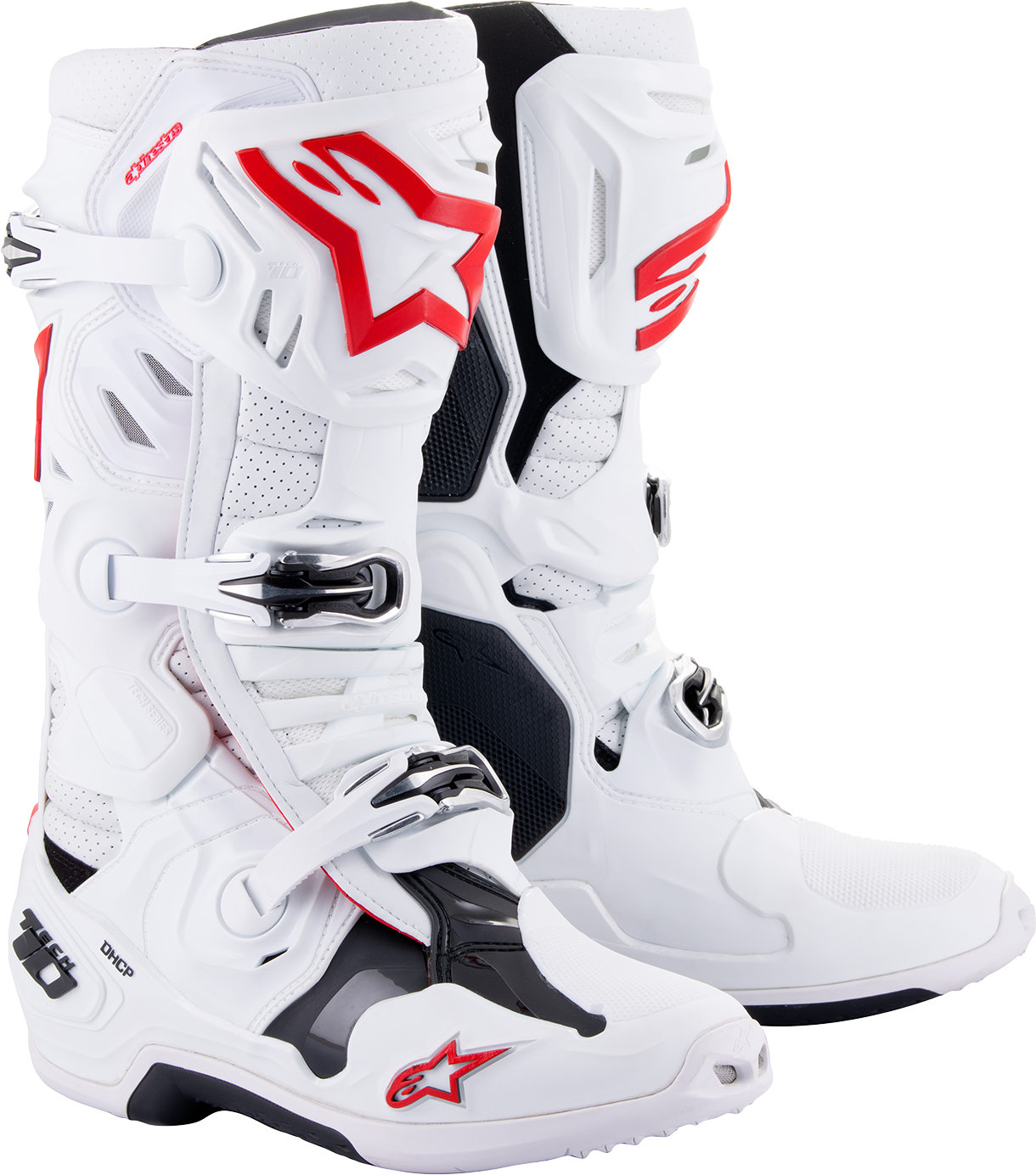 Alpinestars Tech 10 Supervented motorcycle riding boots in white and red, US 13, EU 48, with reinforced ankle protection.
