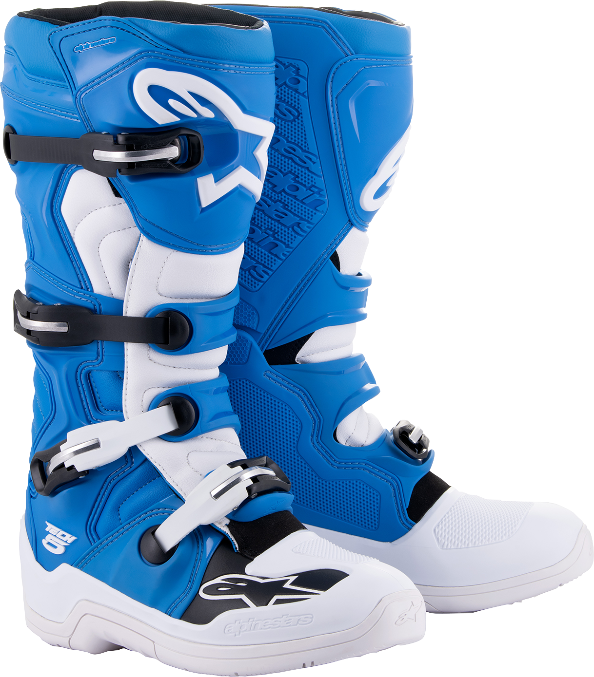 Alpinestars Tech 5 off-road motorcycle boots in blue and white, US size 12, shown on a plain background