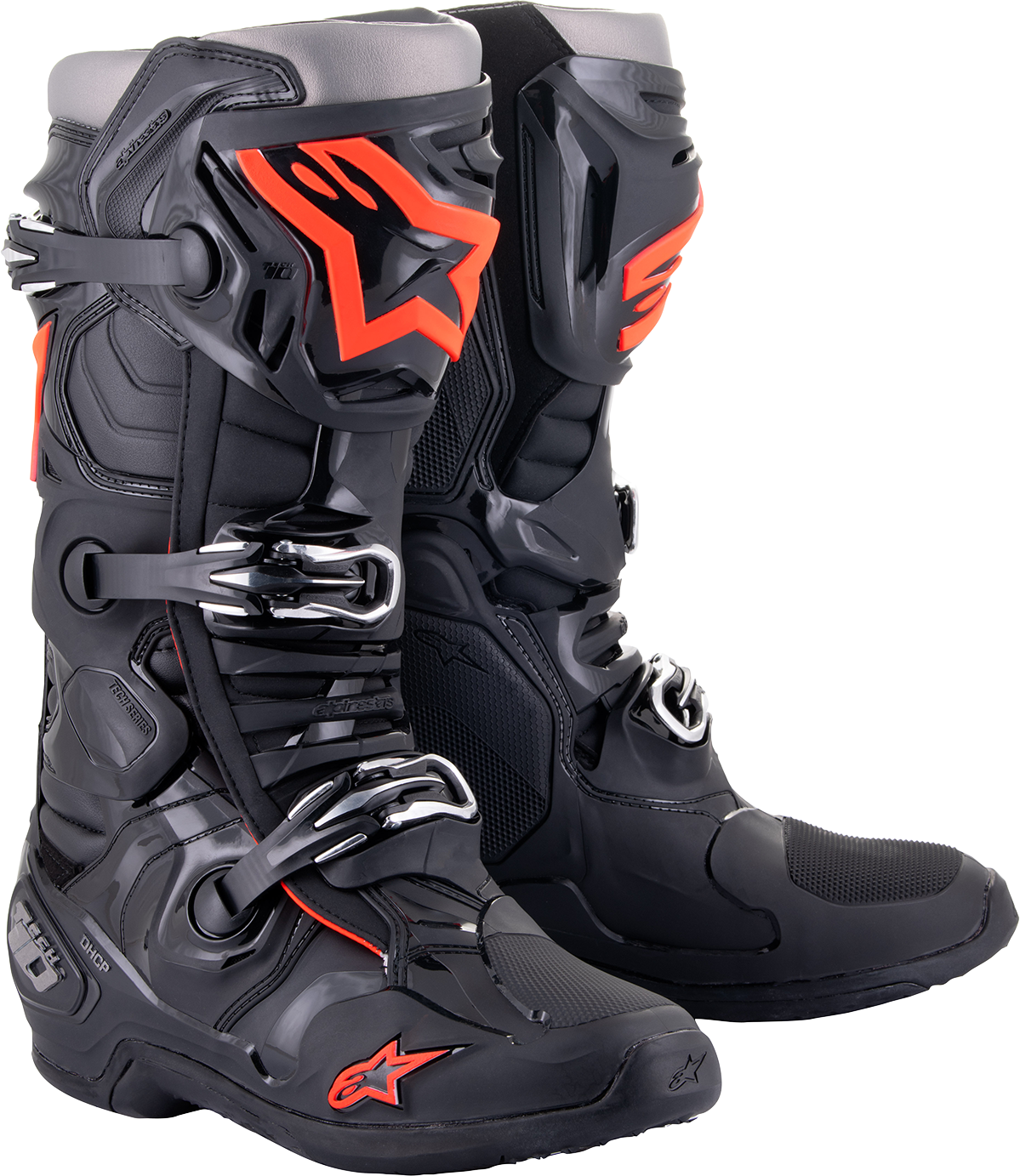 Alpinestars Tech 10 motocross boots in black and red fluorescent with ankle protection and advanced flexion control, US size 8.