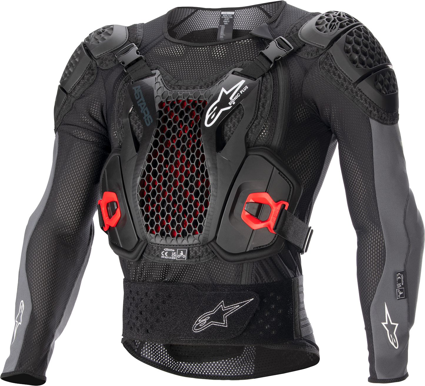 Alpinestars Bionic Plus v2 protection jacket in black, anthracite, and red, medium size, showcasing its armored design and construction.