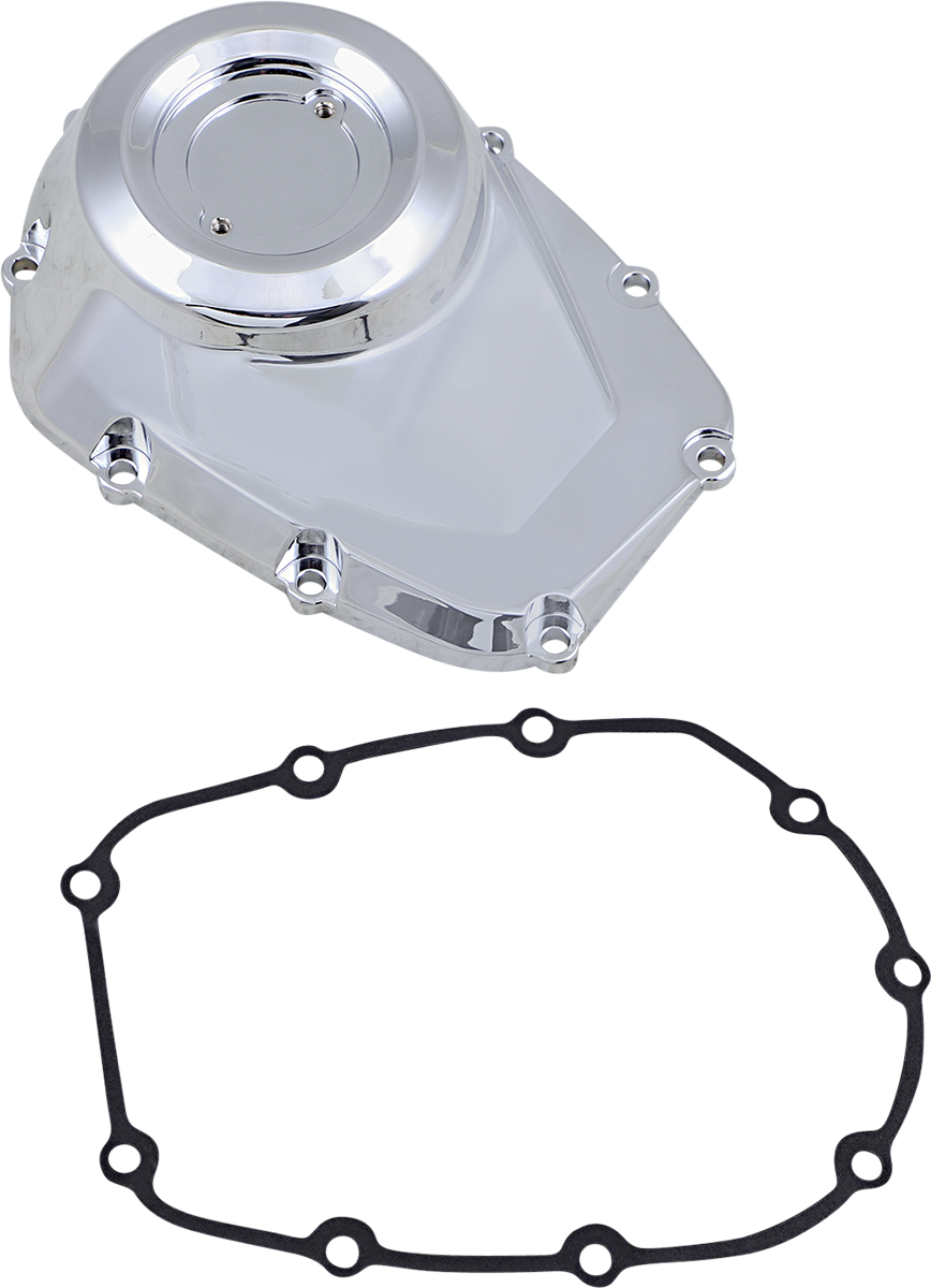 Chrome cam cover for M8 engines by Drag Specialties, featuring polished metal finish and detailed branding.