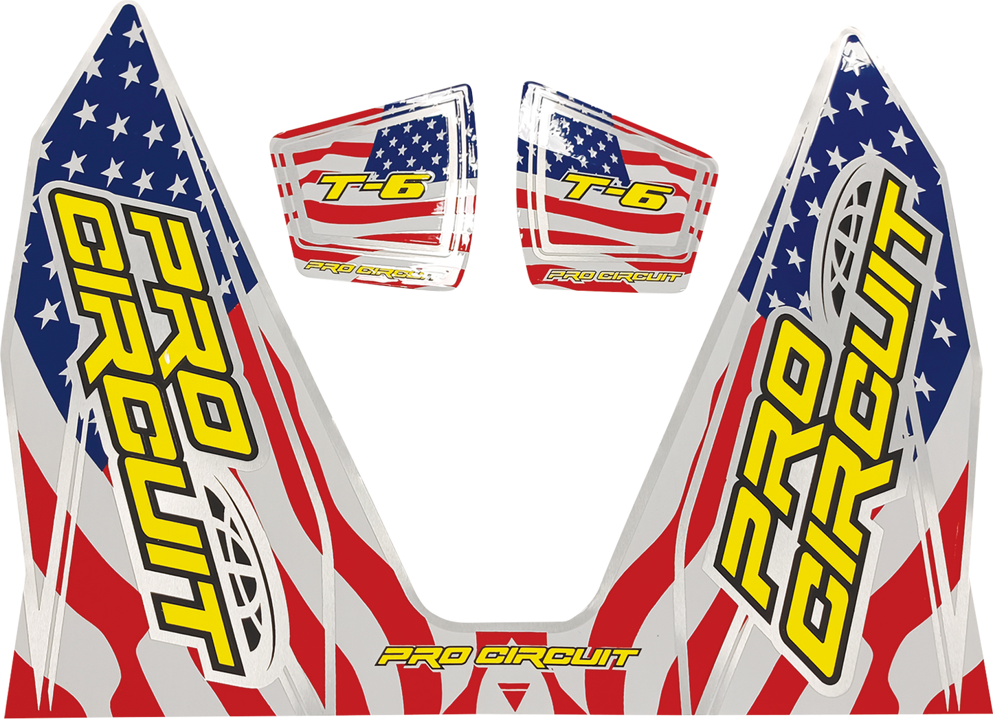 Pro Circuit T-6 Decal with Stars and Stripes design for motorcycle exhausts, featuring bold graphics and vibrant colors.