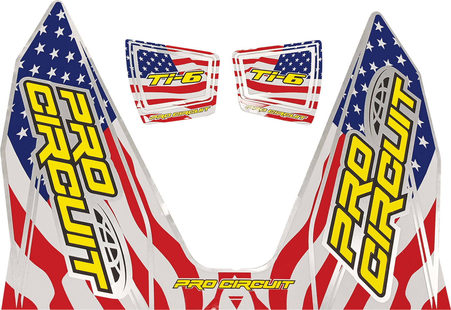 PRO CIRCUIT Ti-6 Decal with stars and stripes design for motorcycle exhaust system enhancement, featuring bold graphics and branding.