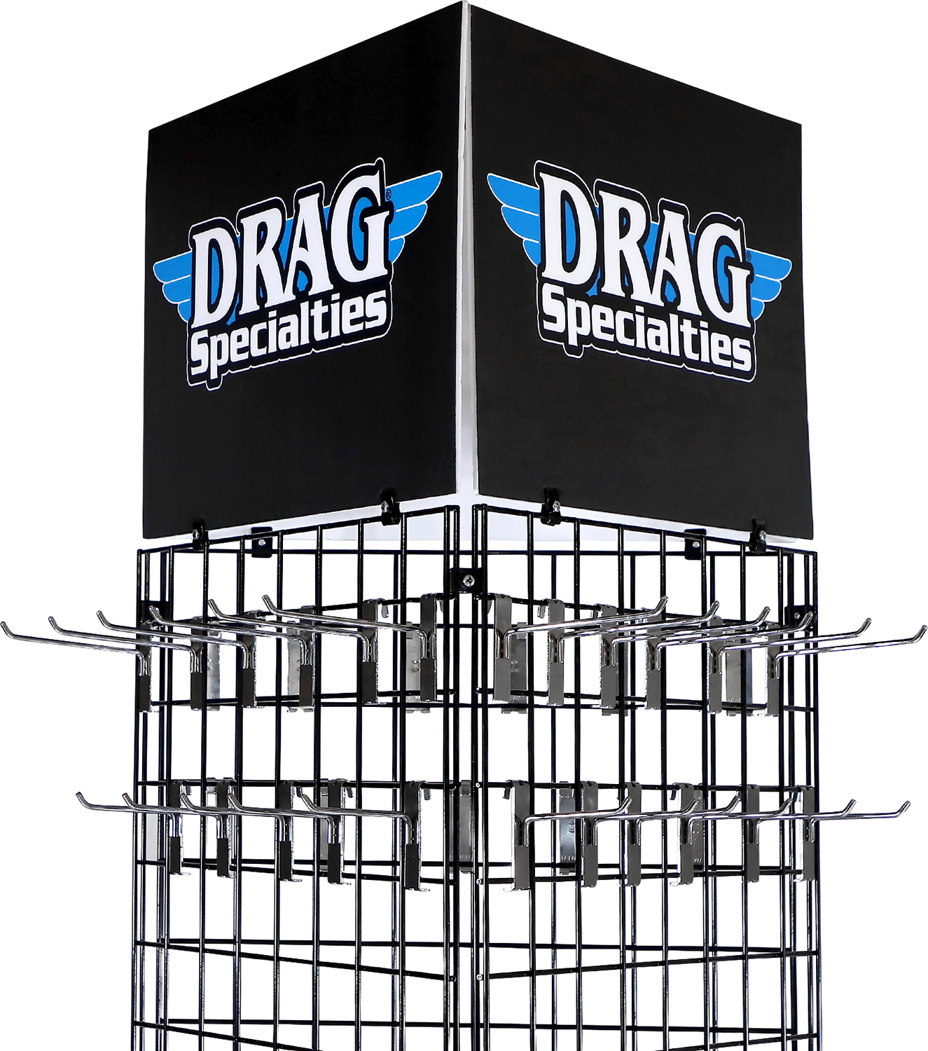Drag Specialties Pop Floor Display with motorcycle parts and accessories, featuring organized DRAG SPECIALTIES branding.