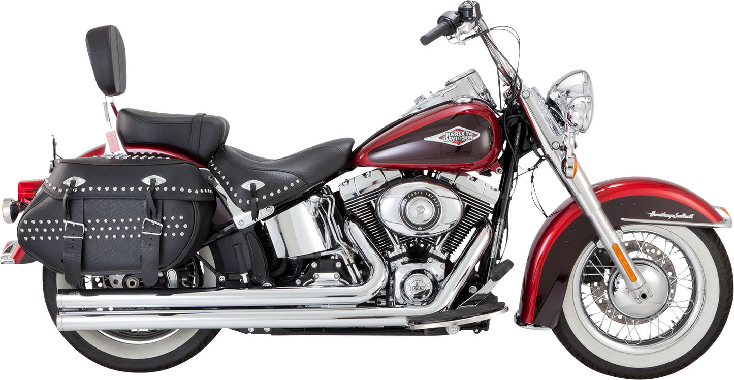 Chrome Vance & Hines Big Shots Long Exhaust System for motorcycles, featuring dual pipes and chrome finish.