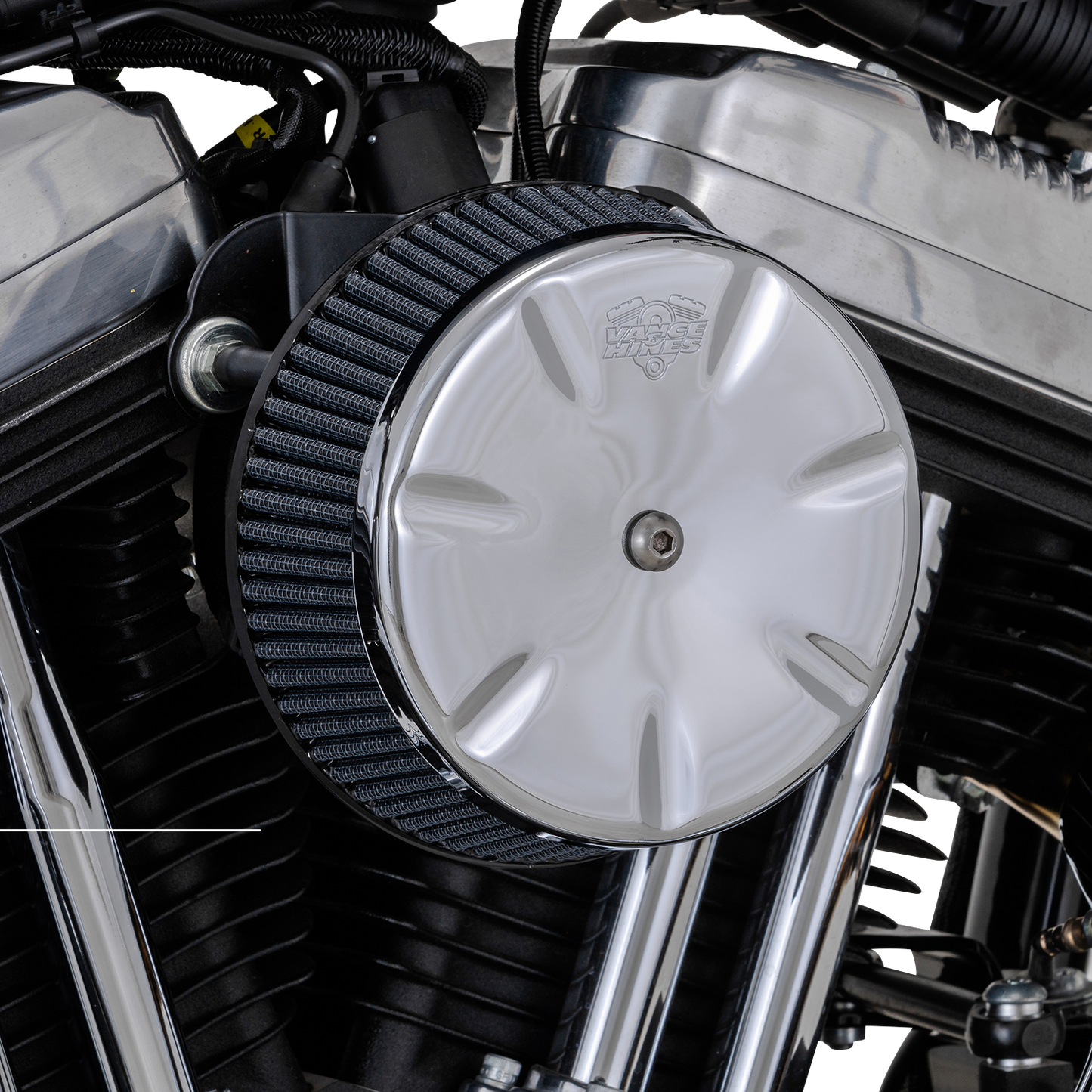 VANCE & HINES VO2 Eliminator Air Intake Kit in chrome for motorcycle, featuring sleek, polished design and filtering components.