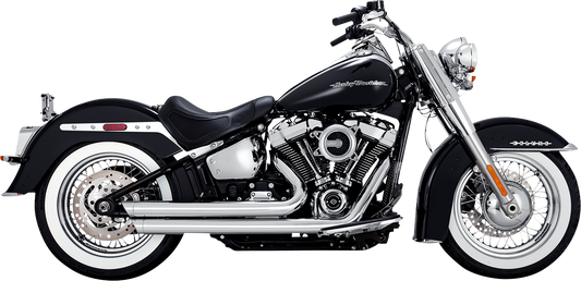 Chrome Vance & Hines Big Shots Staggered Exhaust System for motorcycle, showing the sleek, chrome-finished dual exhaust pipes.